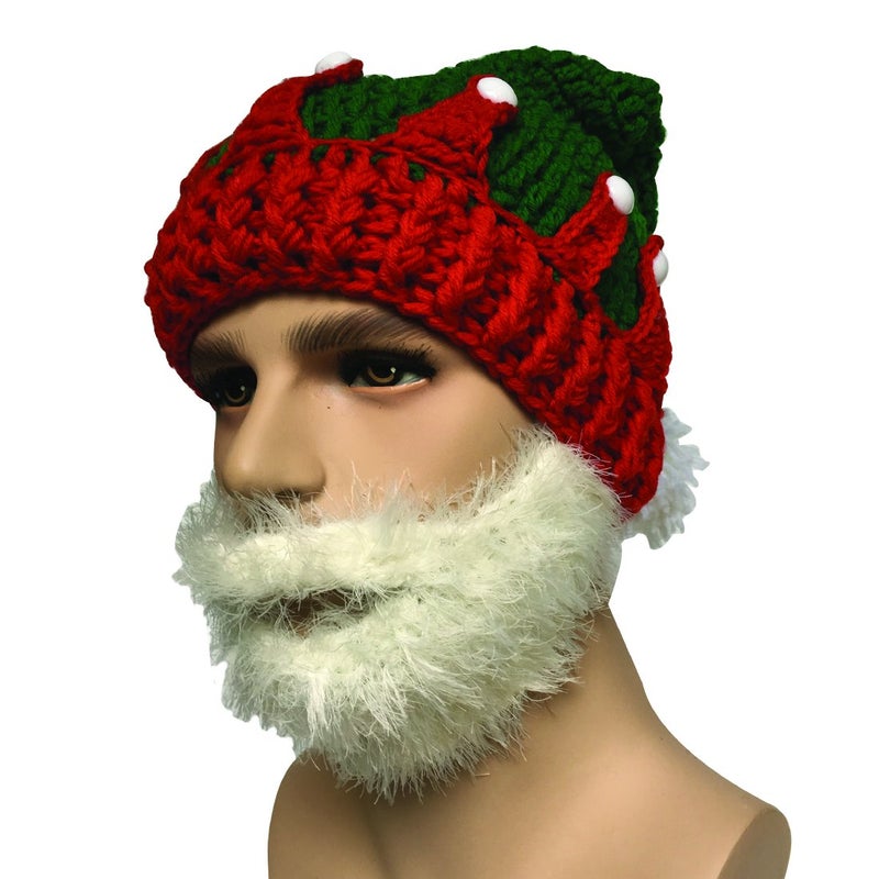 Kafeimali Unisex Christmas Winter Knitted Crochet Beanie Santa Hat with Beard Foldaway Bearded Caps (Red) - Image 4